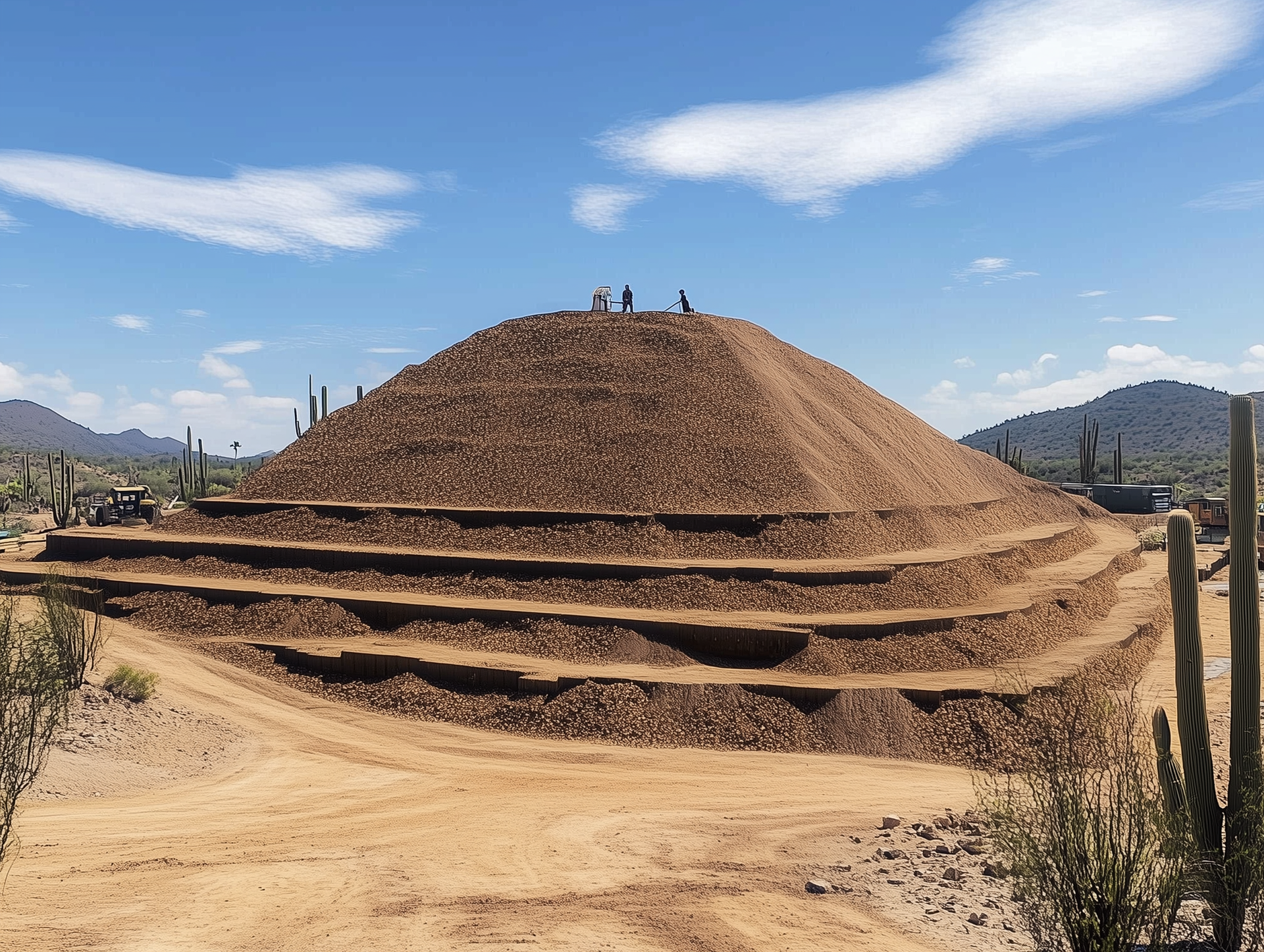 A large pile of dirt is sitting in the middle of a desert
