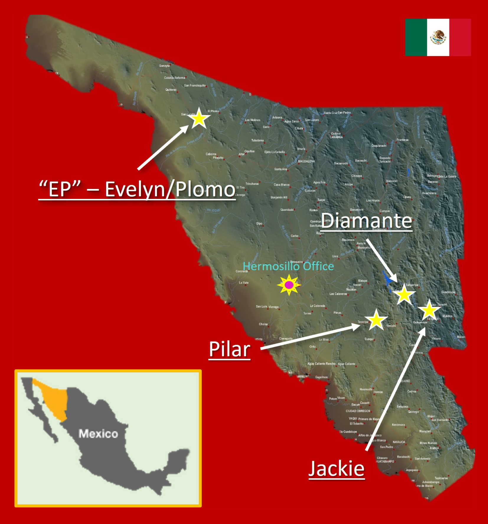 A map showing the location of evelyn / plomo pilar and lackie