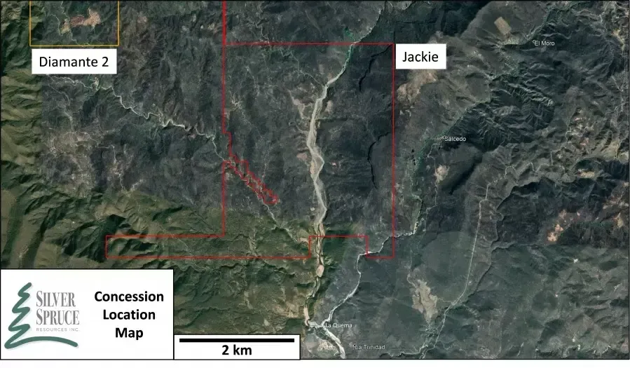 An aerial view of a mountain range with a label that says concession location map
