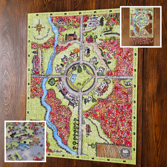 Louise Penny Three Pines Puzzle depicting a hand-drawn and