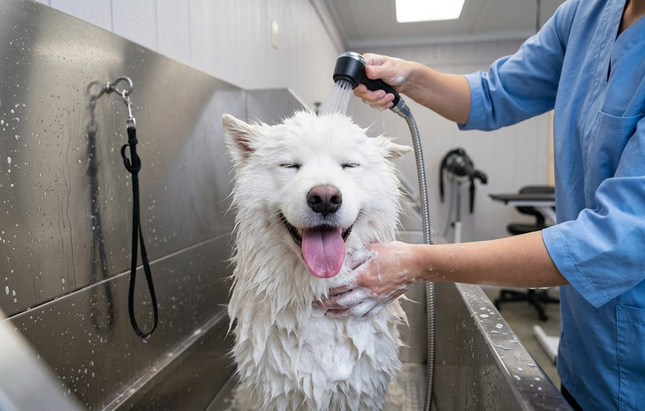 Cat being bathed during professional grooming in Green Valley, AZ