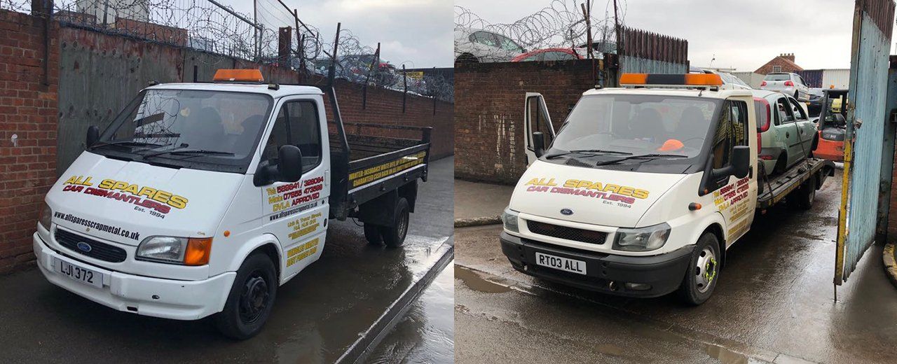 2 images of the side view of the company pickup lorry, one holding a car for scrap