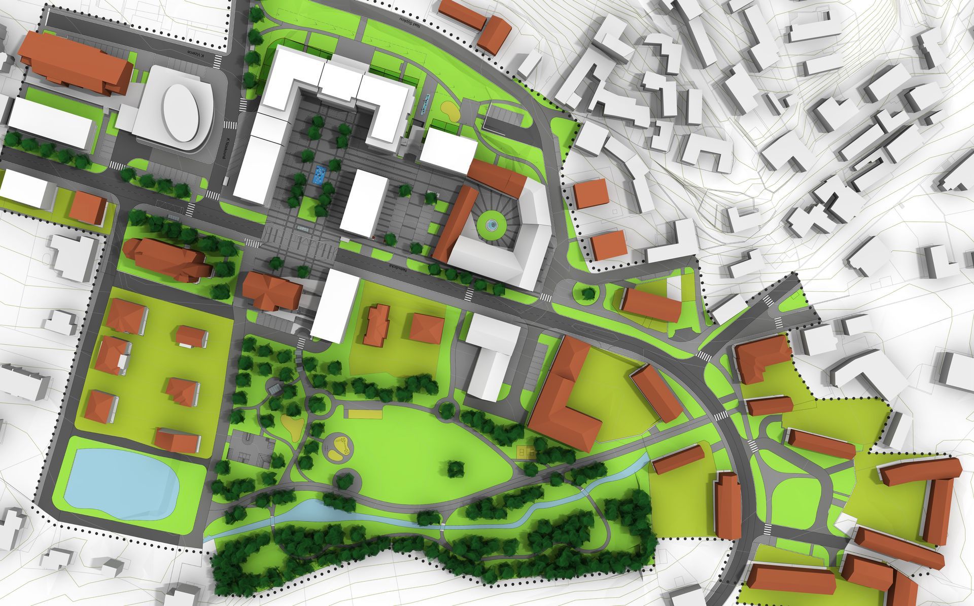 An aerial view of a city with lots of buildings and trees.