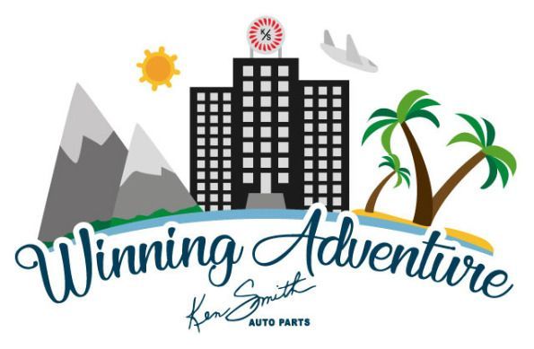 A logo for winning adventure shows a building palm trees and mountains