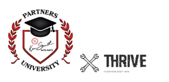 A logo for partners university and thrive with a graduation cap on a shield