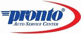 The logo for pronto auto service center is blue and red.