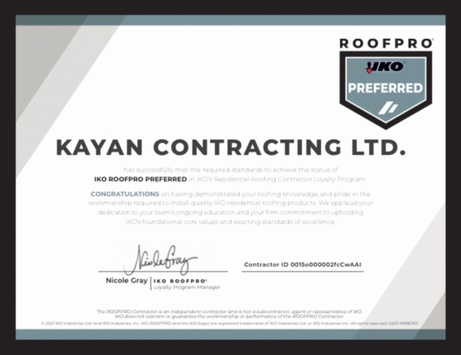 A certificate for a company called kayak contracting ltd