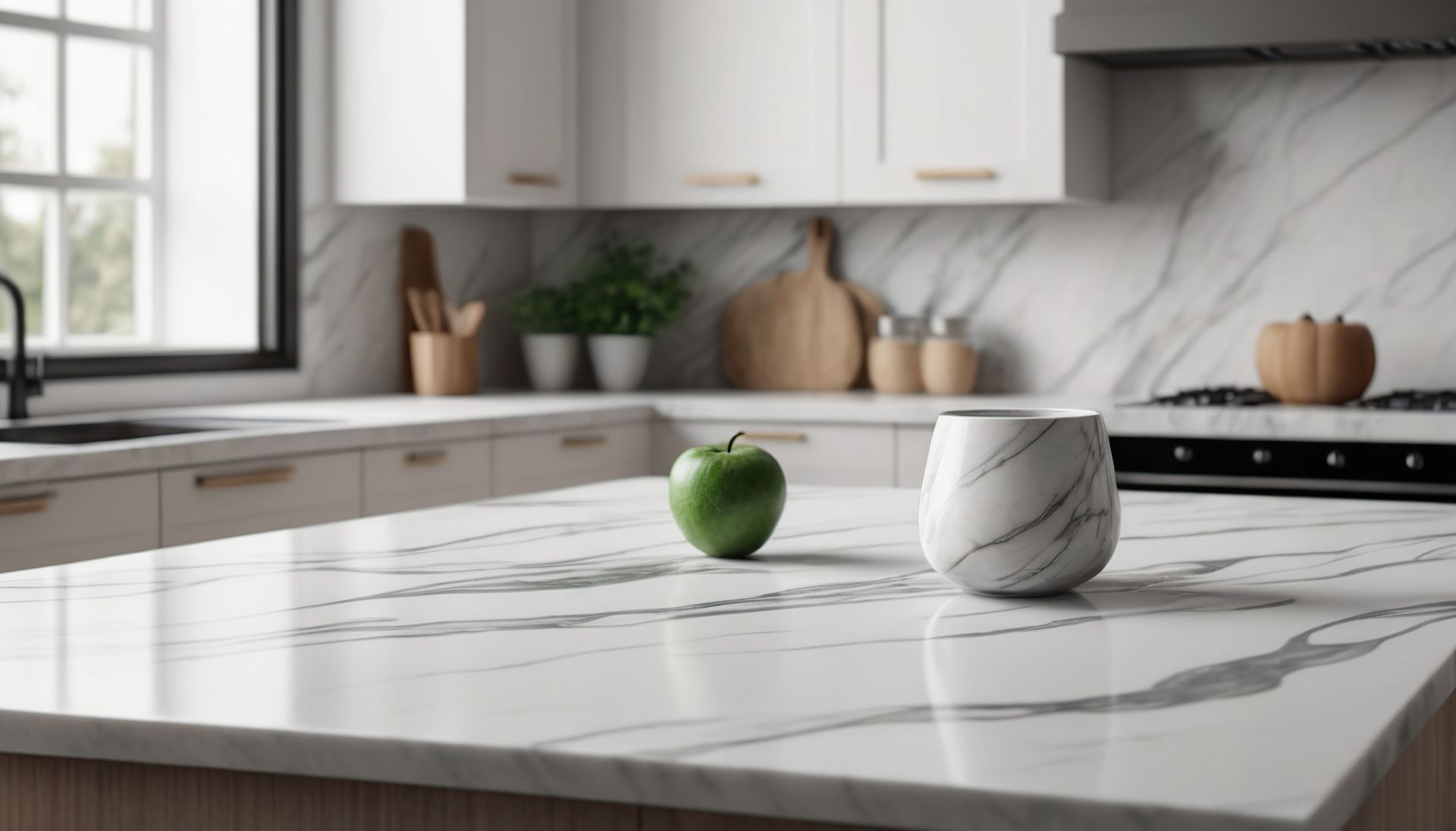 A marble countertop in a modern kitchen