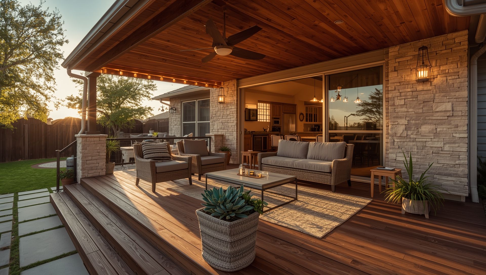 A beautifully built custom wooden deck attached to a modern suburban home in San Antonio, featuring 