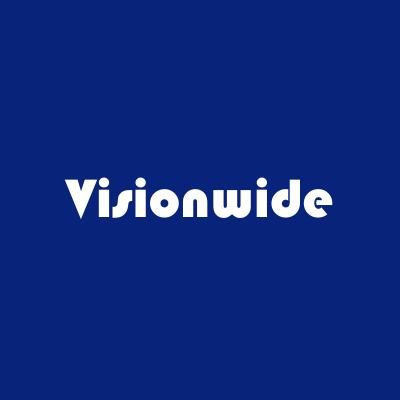 The logo for visionwide is on a blue background.