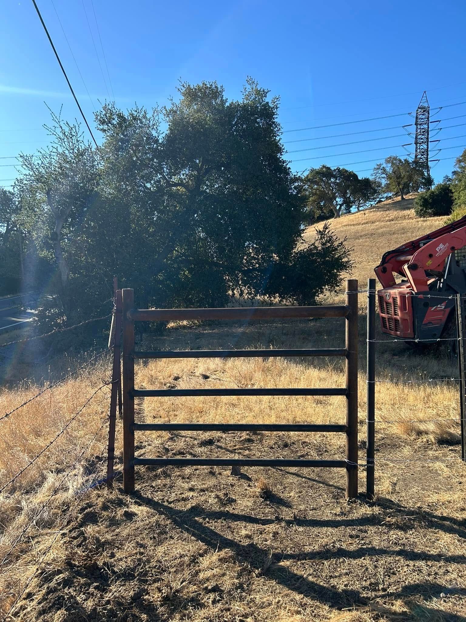 Metal gate in a field with dry grass, trees, and power lines against a clear blue sky.