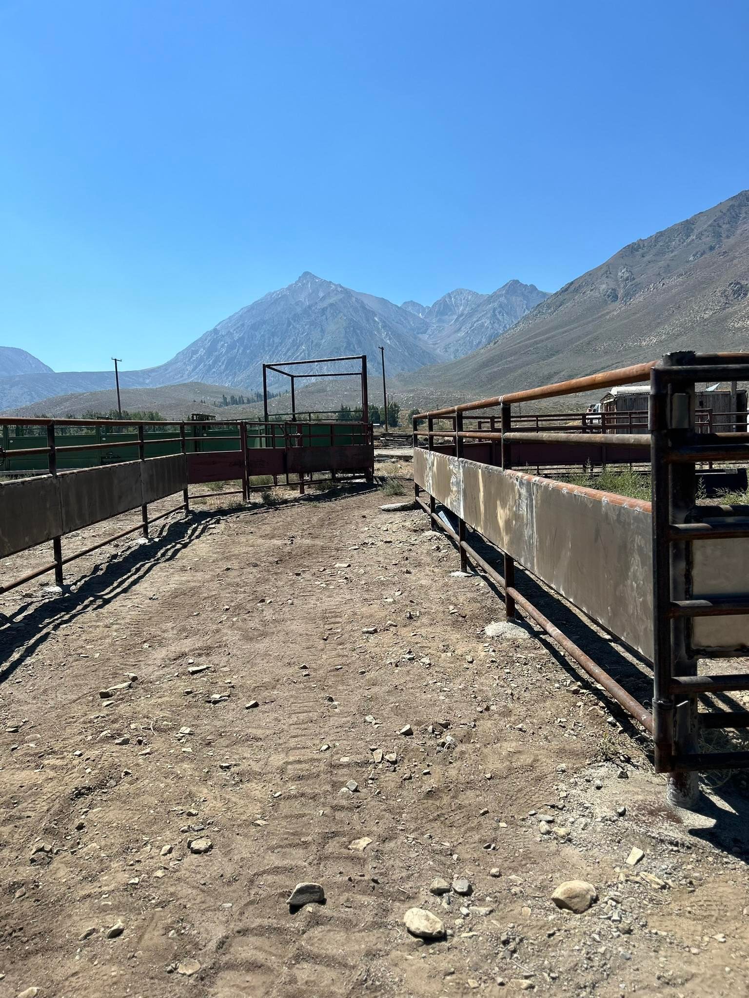 Cattle pen with dirt path, metal and wooden fencing, and mountains under a blue sky.
