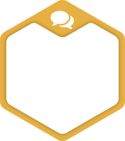 Ein gelbes Sechseck mit einer weißen Sprechblase darauf.