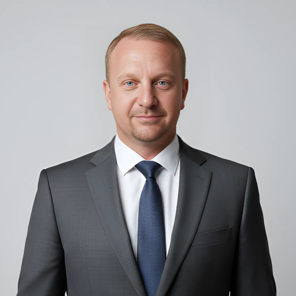 Man in dark gray suit and navy tie, looking at the camera. Neutral expression against a gray background.