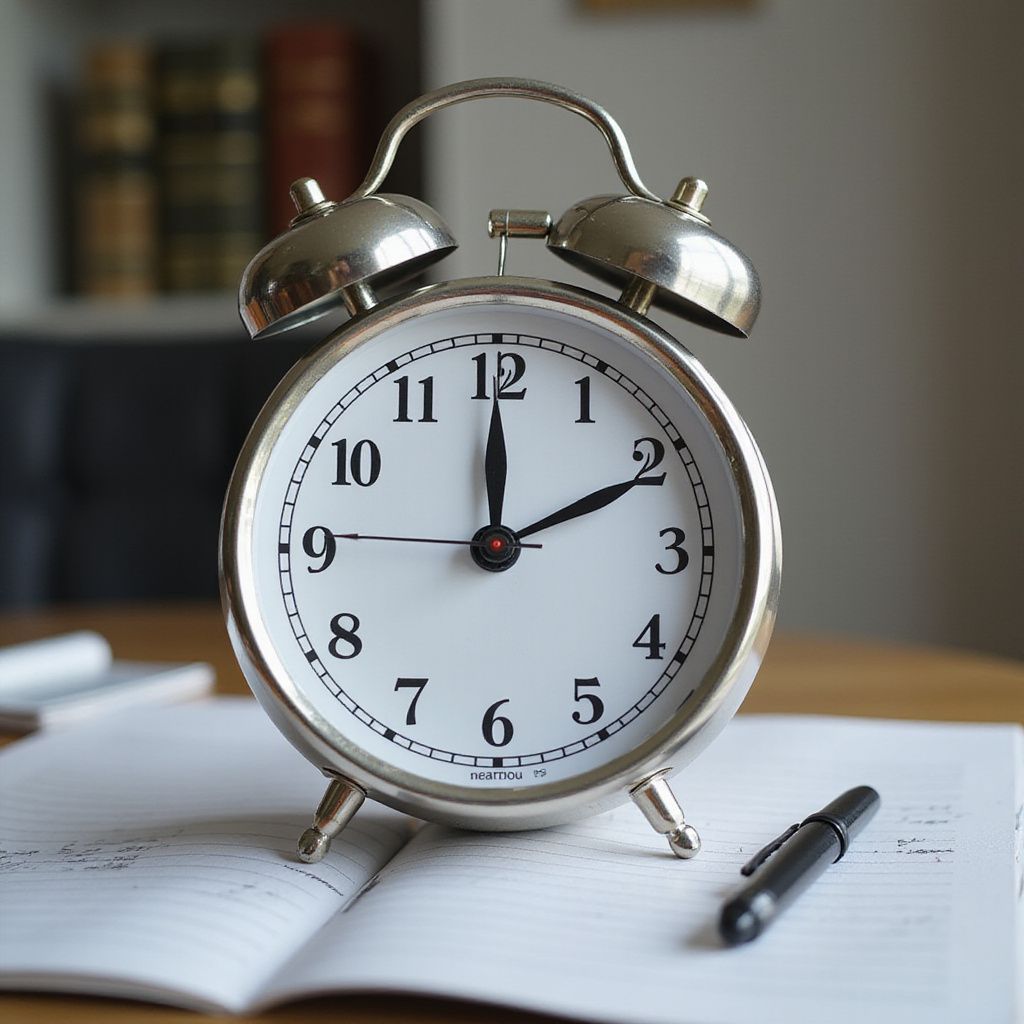 Silver alarm clock on a desk at 2:10, next to a notebook and pen. Bookshelf in the background.