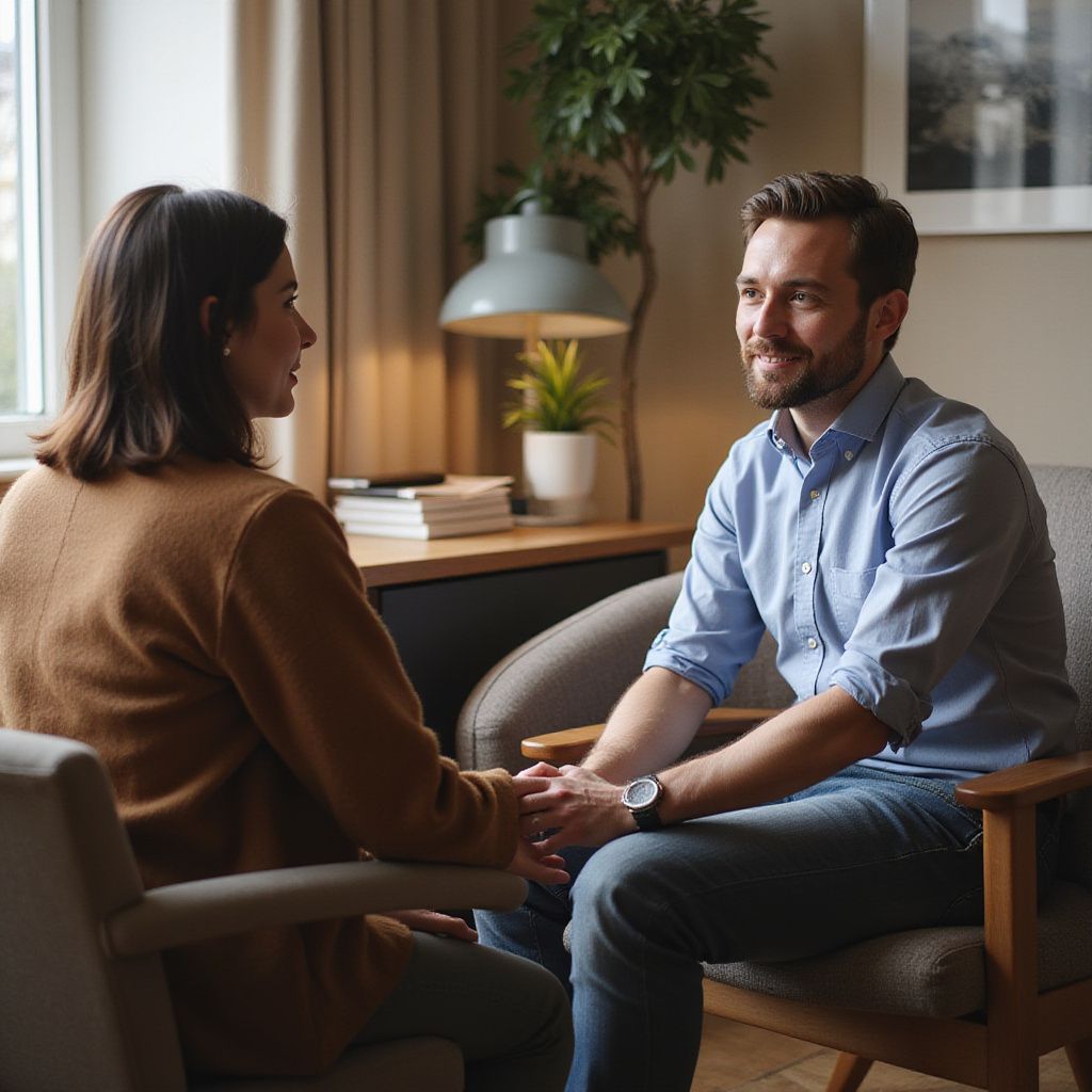 A man and woman sit facing each other, holding hands, in a room. The man smiles.