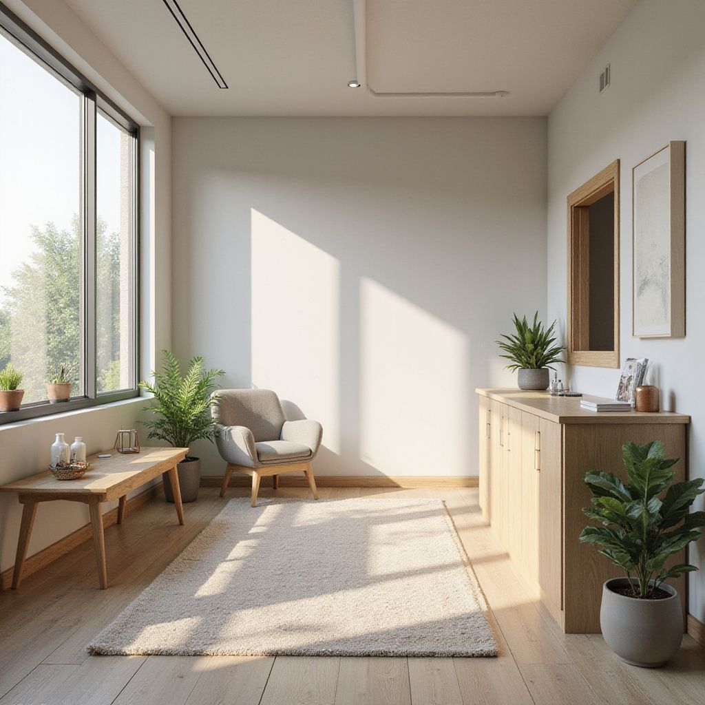 Sunlit interior with a chair, rug, plants, wooden table and cabinets, and a large window.