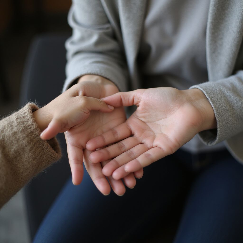 Adult hand holding a child's hand, touching palm. Light skin tones, indoors.