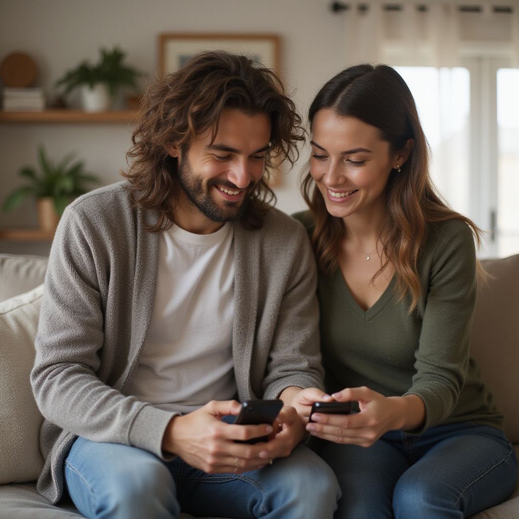 Couple smiling, looking at phones together on a couch indoors.