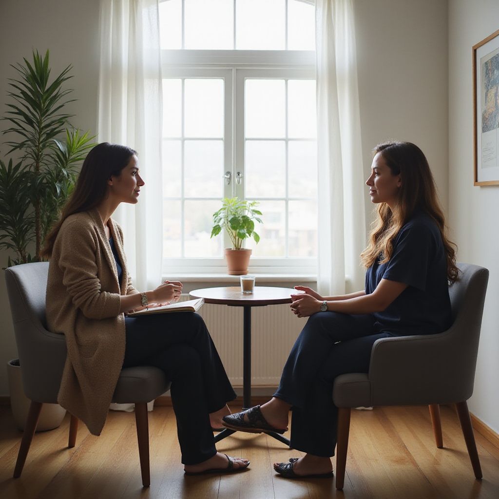 Two women seated, facing each other in chairs. One writes notes; the other gestures, in a well-lit room.