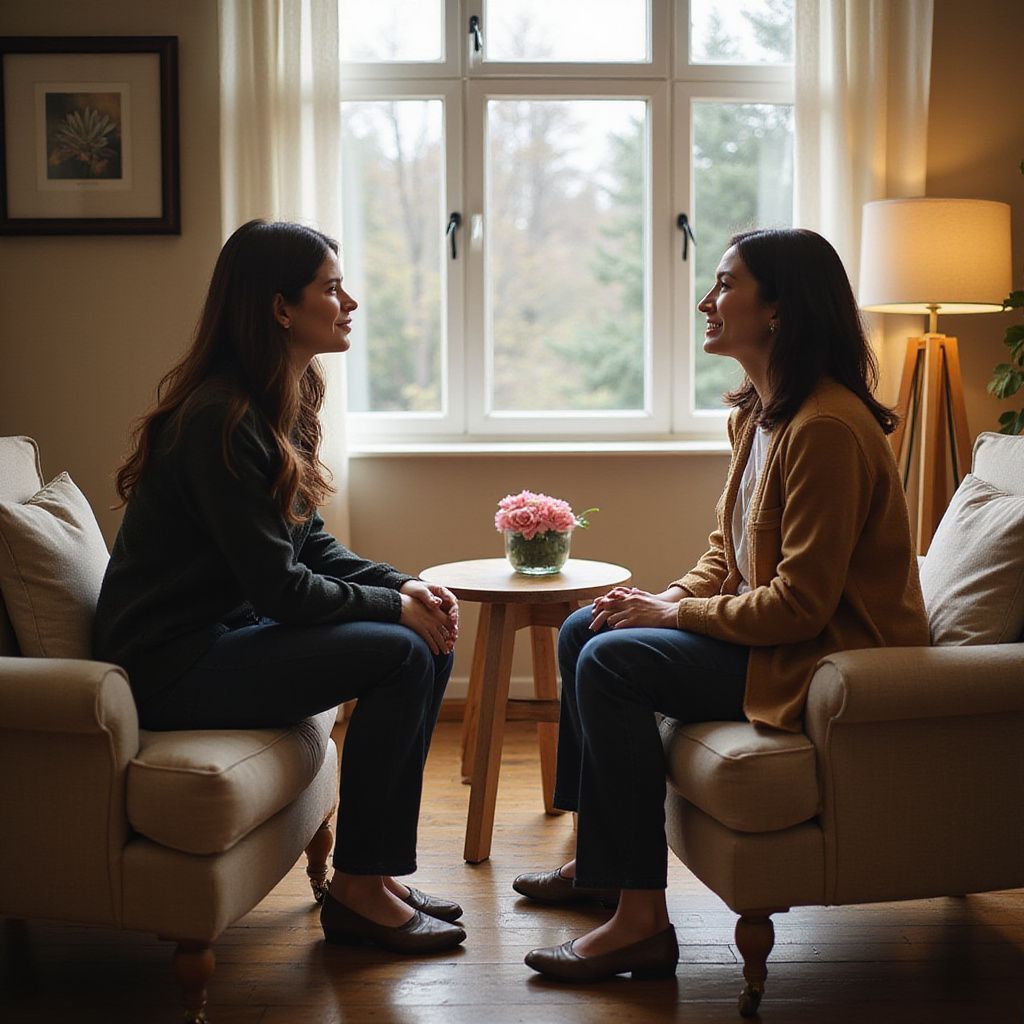 Two women sitting and talking in armchairs, facing each other. A small table with flowers sits between them.
