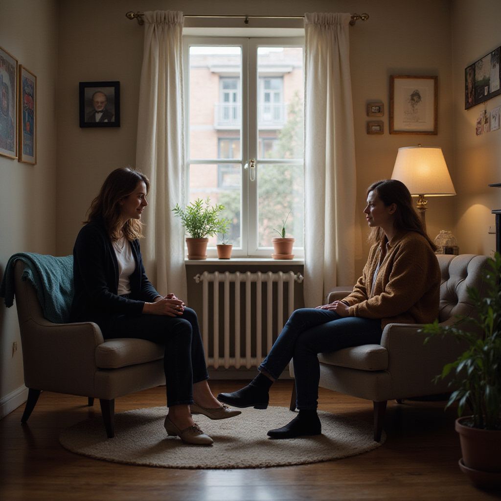 Two women seated in armchairs, facing each other in a counseling session. Window in background.