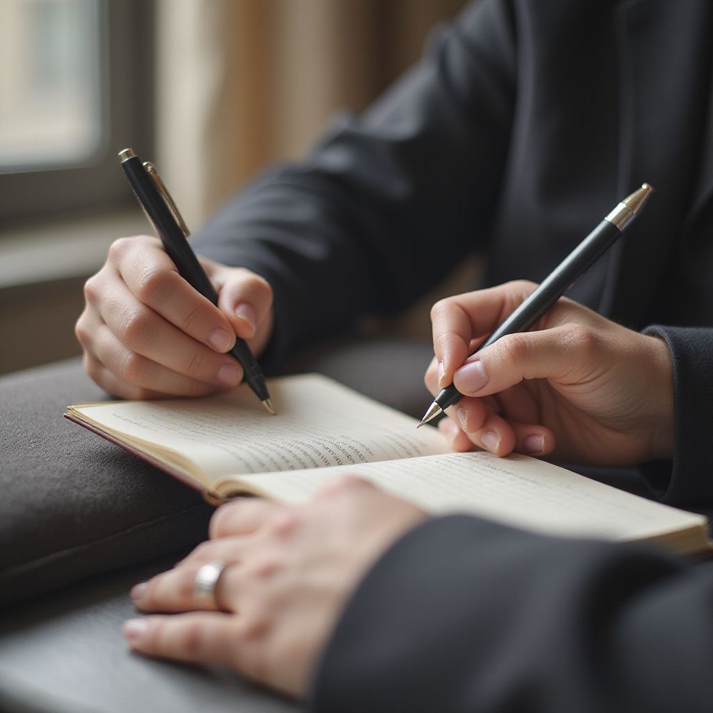 Two people writing in a notebook with pens, close-up, indoors.