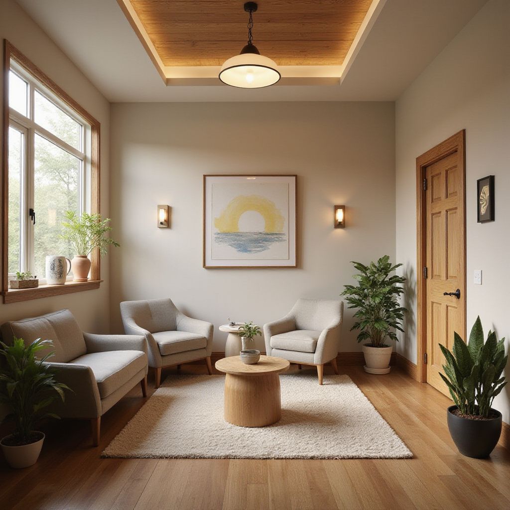 Cozy waiting room with light gray armchairs, artwork, and plants. Wooden door, ceiling, and trim.