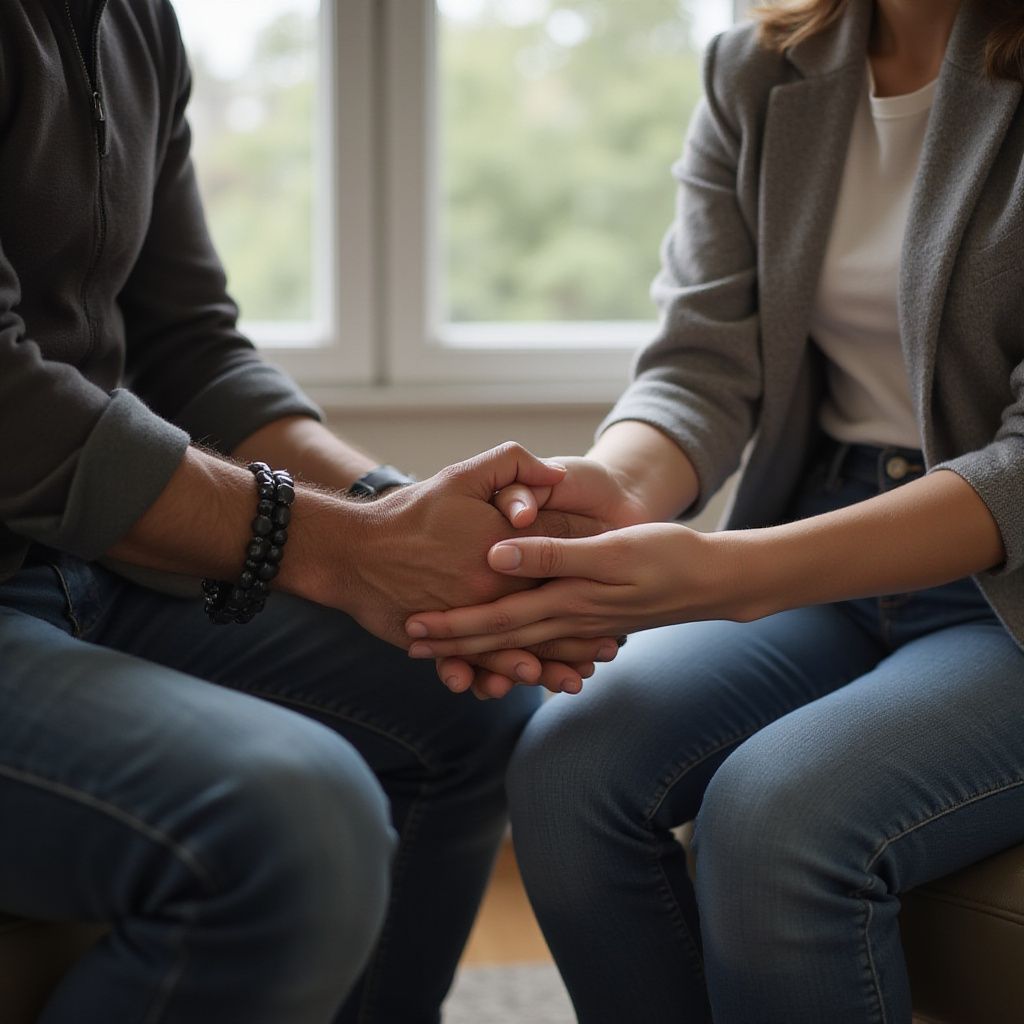 Two people holding hands, indoors near a window.
