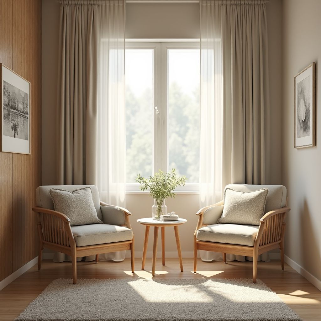 Cozy reading nook: two wooden armchairs face each other, centered by a small table, in front of a window with sheer curtains.