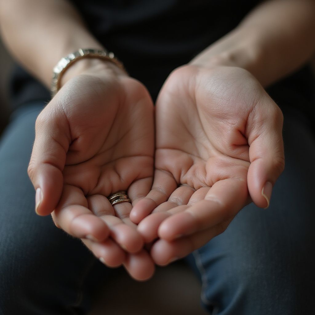 Two open hands, palms up, with a ring on the left hand.