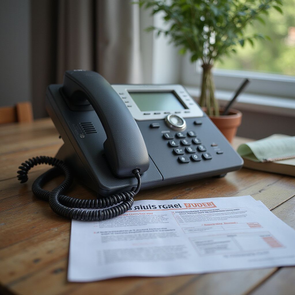 Desk phone with a document on a wooden table, beside a small plant by a window.