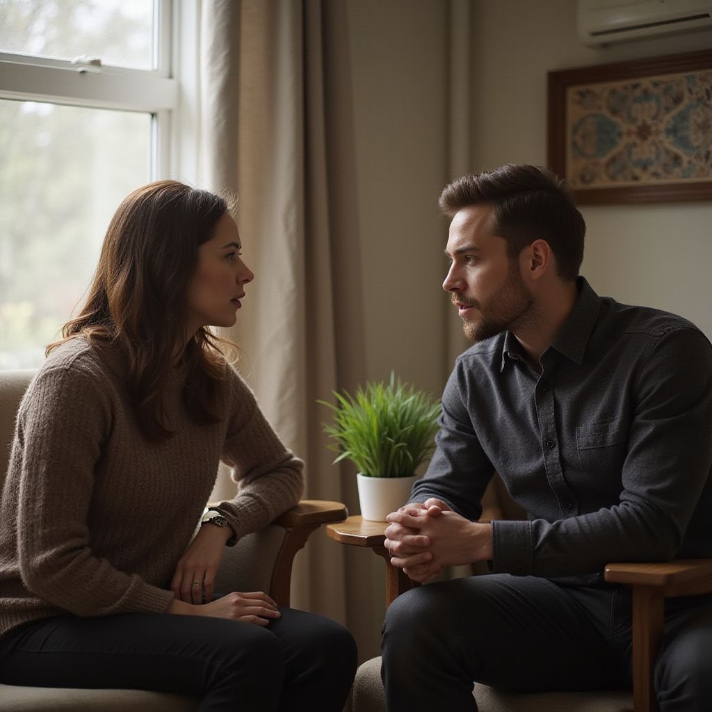 A woman and a man talking in a room; a potted plant sits between them.