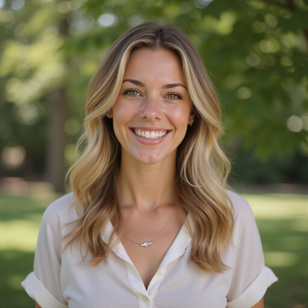 Woman with blonde hair smiling, outdoors, wearing a light-colored top, silver necklace.