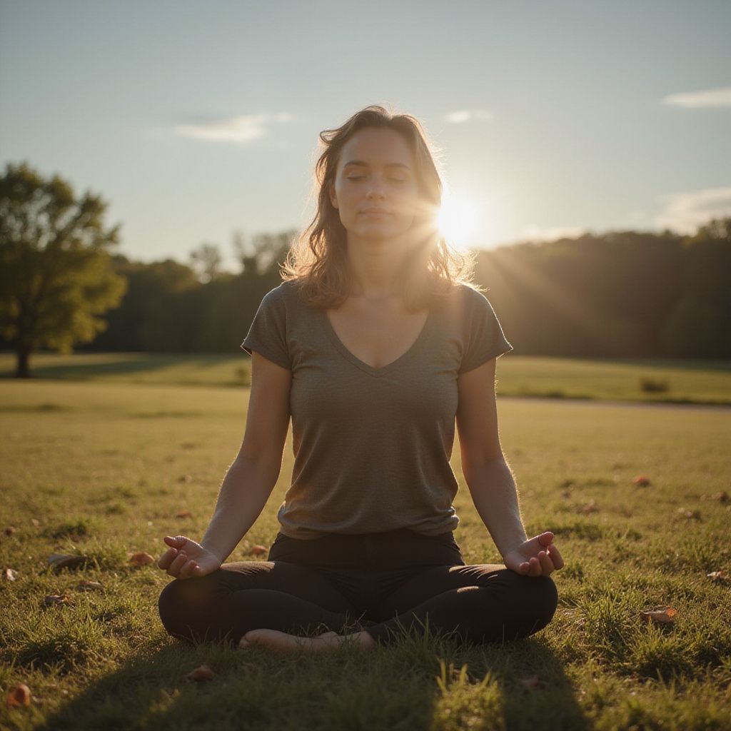 Woman in meditation pose in a grassy field, eyes closed, sunlight behind her.