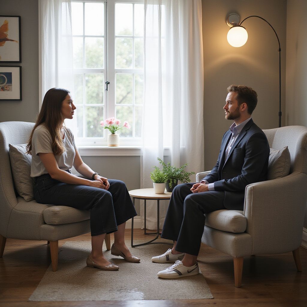 Woman and man in armchairs facing each other. A lamp glows overhead.