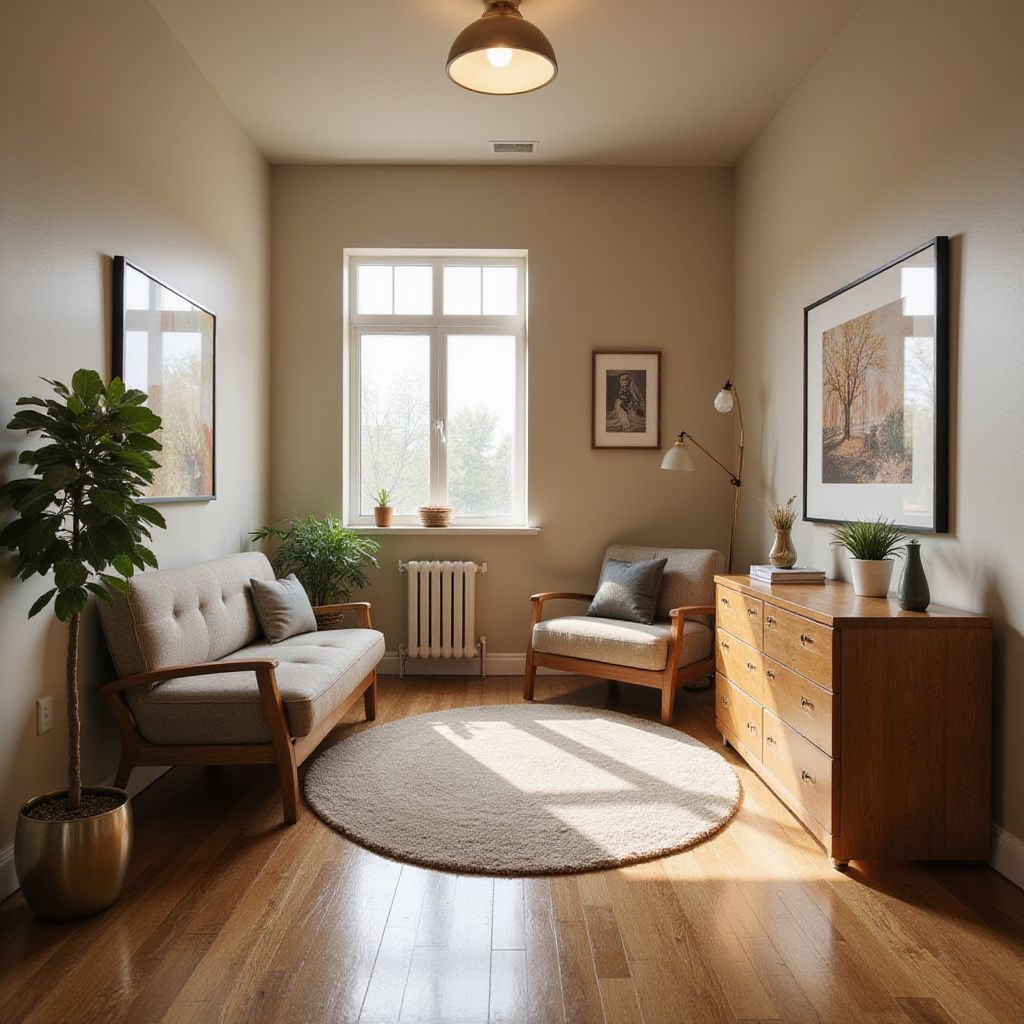 Cozy room with wooden furniture, a window, a round rug, and framed art. Natural light illuminates the space.