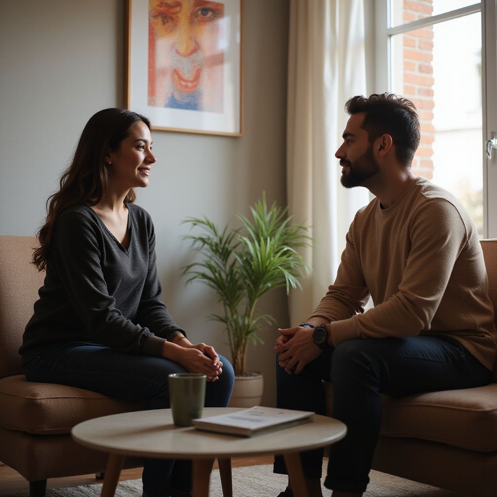 Woman and man in conversation, seated in a well-lit room. They are smiling. A coffee table and plant are in the space.