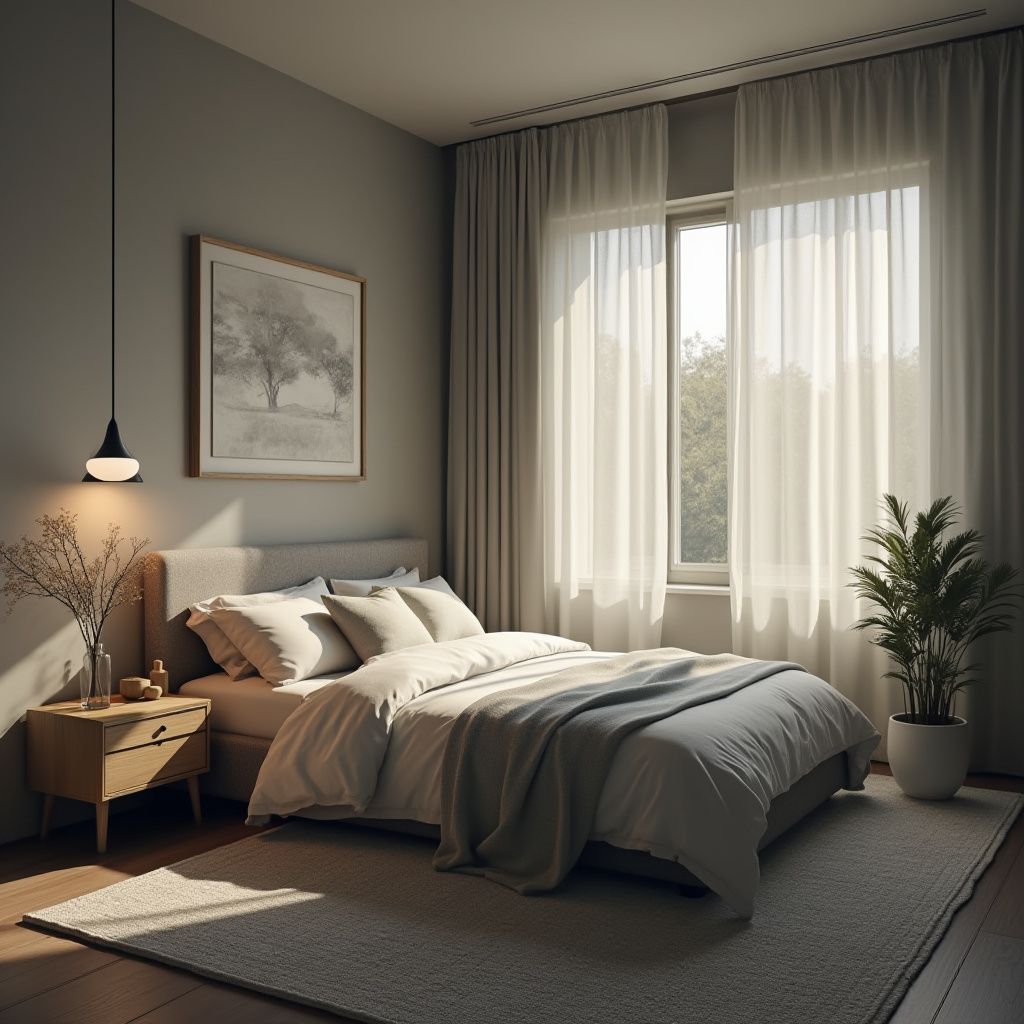 Bedroom with bed, nightstand, framed art, window with sheer curtains, and a potted plant.