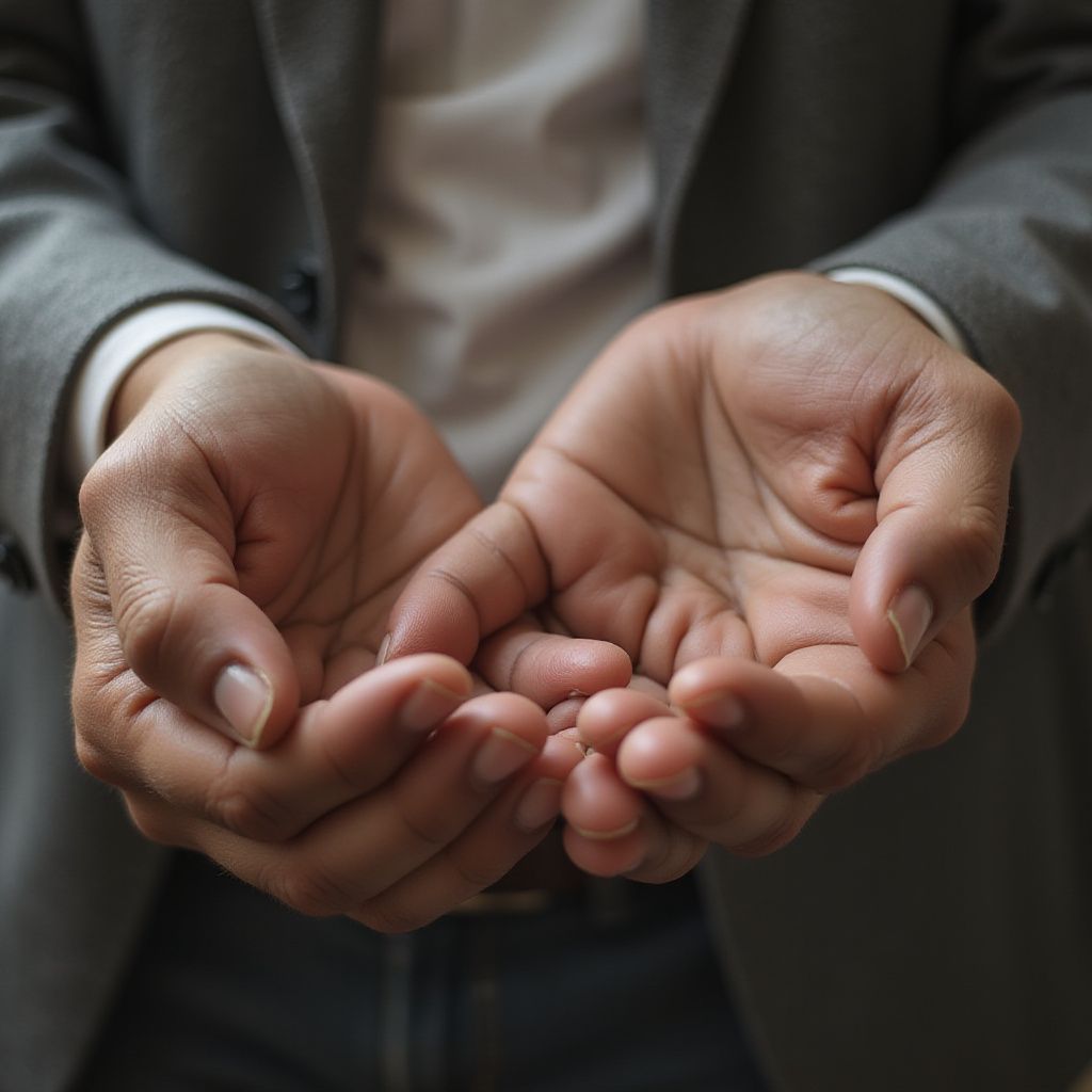 Man's open hands cupped together, palms up, in front of him. He wears a gray blazer and white shirt.