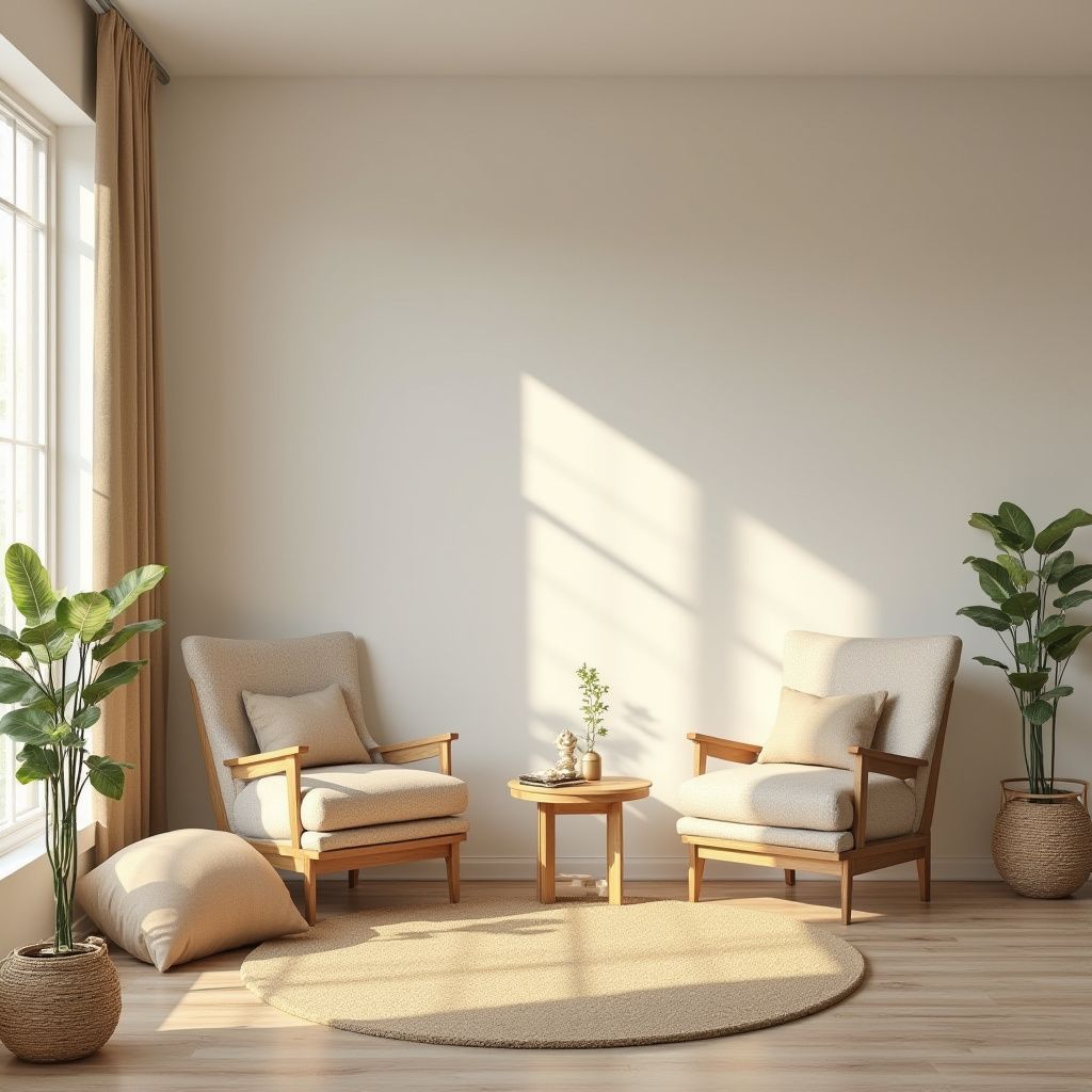 Two beige armchairs, small table, round rug, and plants in a sunlit, neutral-toned room.