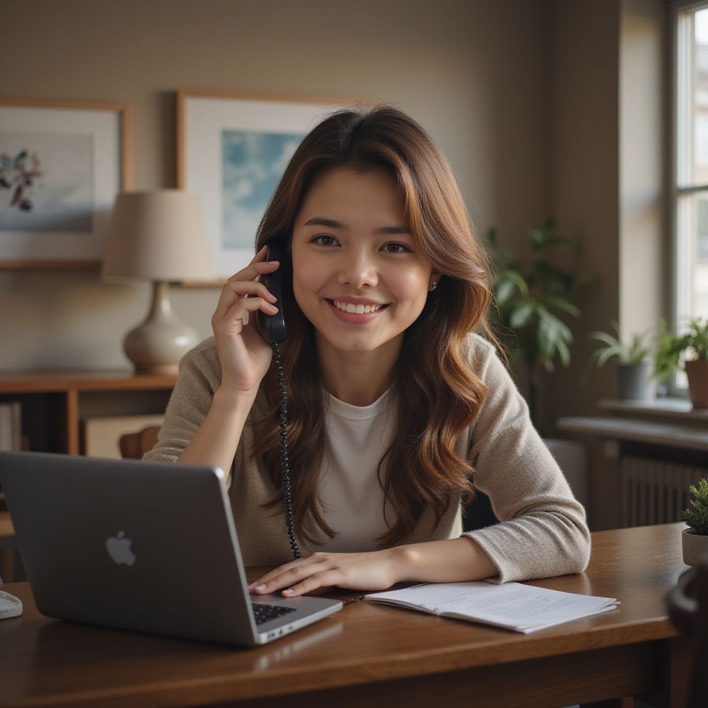 Woman smiling, holding phone, working on laptop at desk in home office.