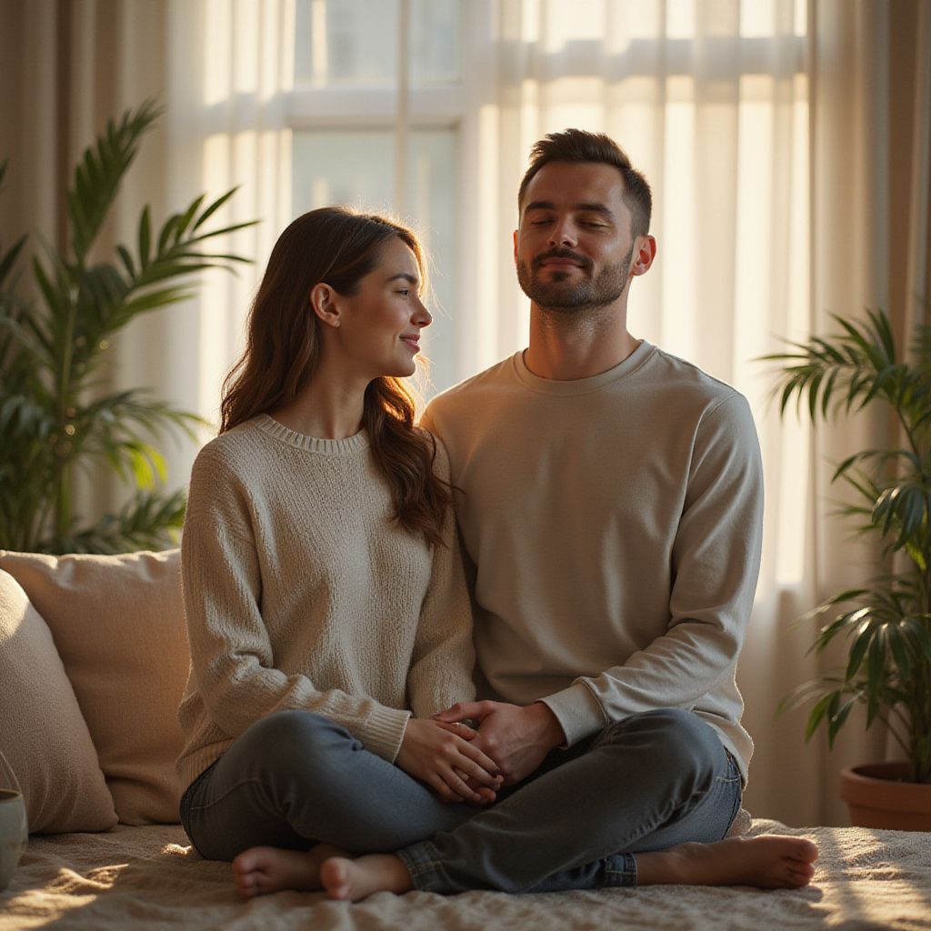 Couple sitting cross-legged, meditating with eyes closed indoors, in front of a window.