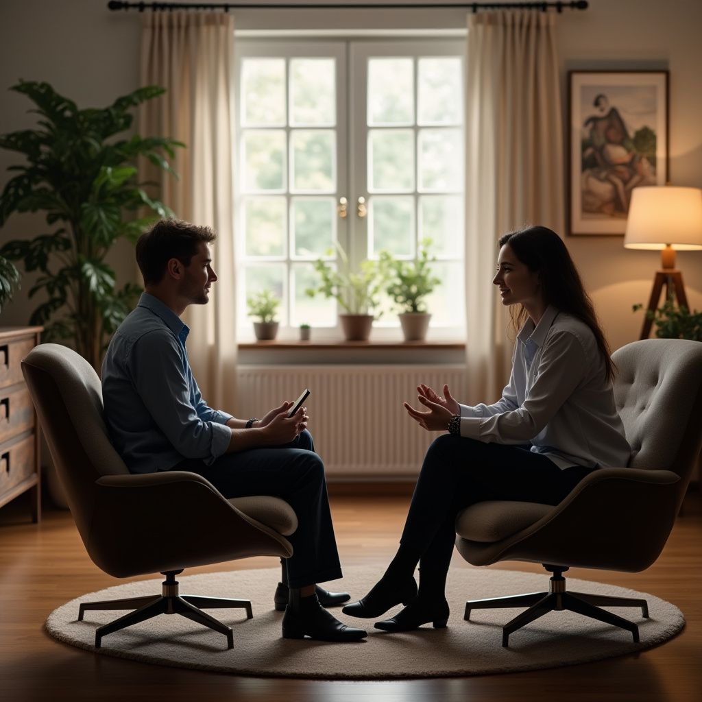 Two people in armchairs, in therapy, facing each other. Bright, airy room with plants and a window.