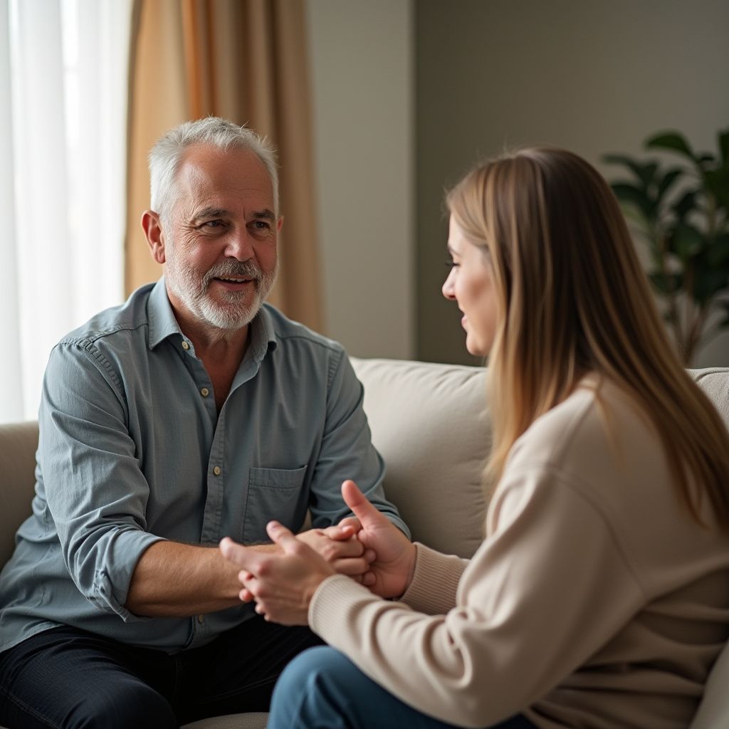 An older person and a younger person sit close together on a couch, holding hands and talking.