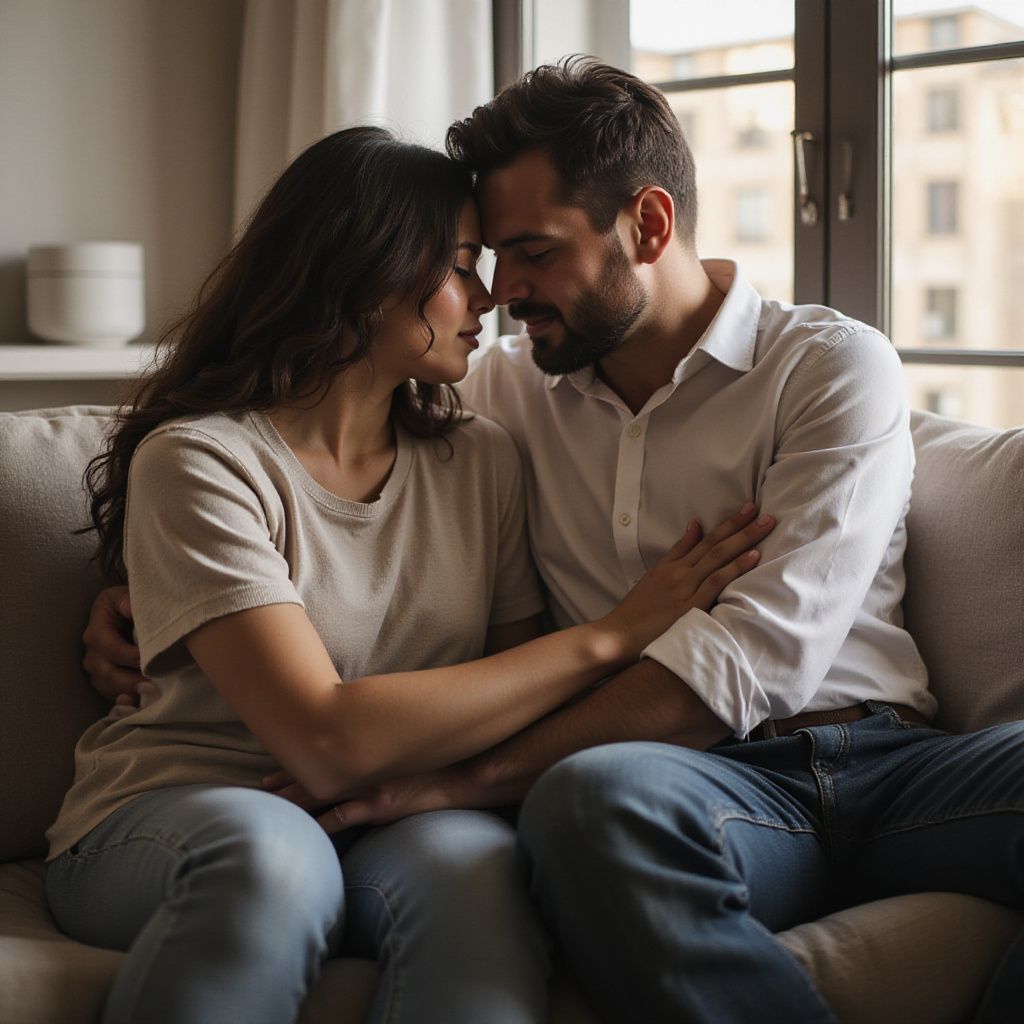 Couple embraces on a couch, foreheads touching, arms around each other. Inside near a window.