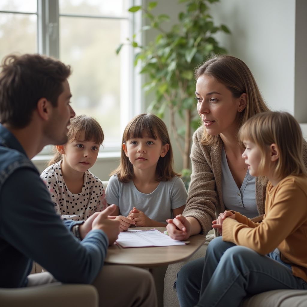 Family seated around a table, discussing. Two parents with three young children.