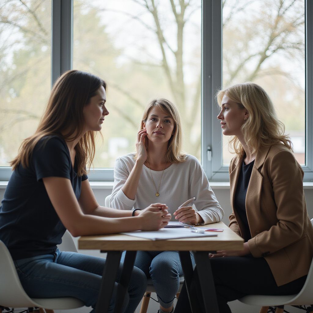 Three women at a table near a window, engaged in a discussion. One touches her face; another gestures.