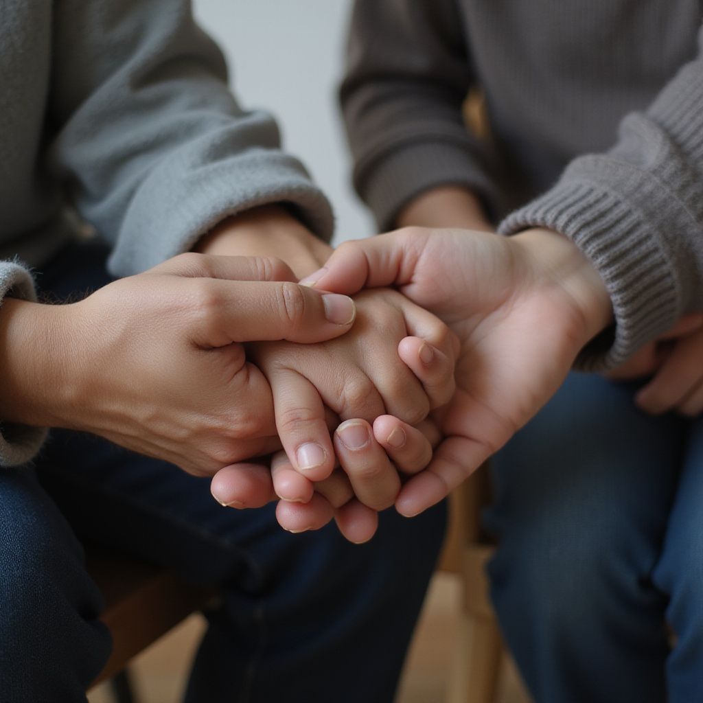 Three people holding hands, offering comfort.