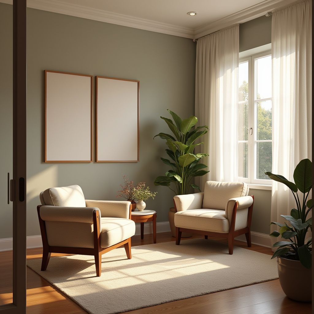 Two armchairs in a sunlit room with plants, artwork, and a window. Light beige and wood tones.